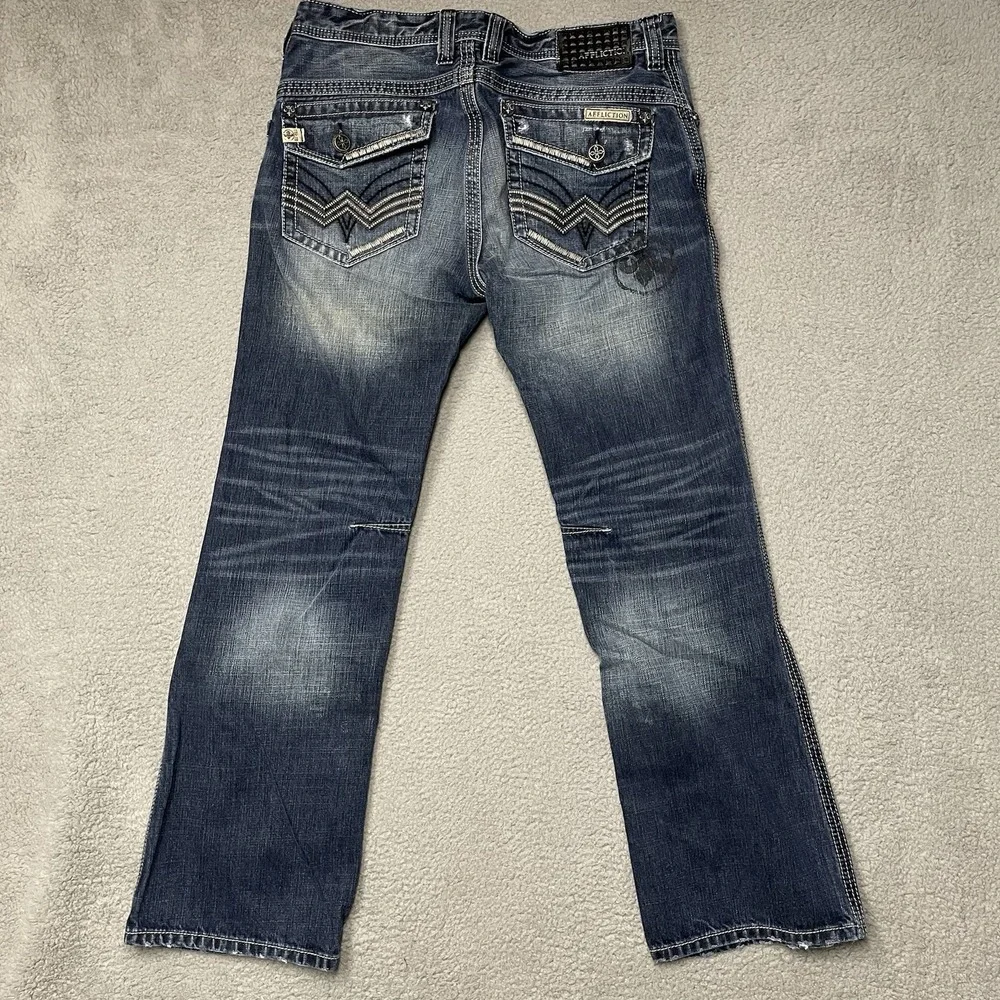 Affliction Cooper Relaxed Boot Jeans Mens 33x32 Blue Distressed Typhoon Wash